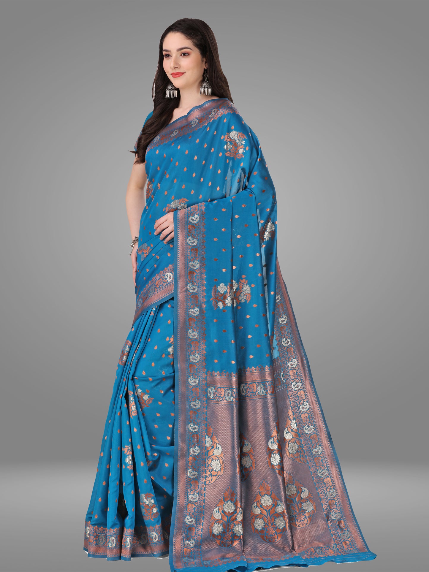 Dark Firozi Banarasi Jacquard Saree With Blouse Piece