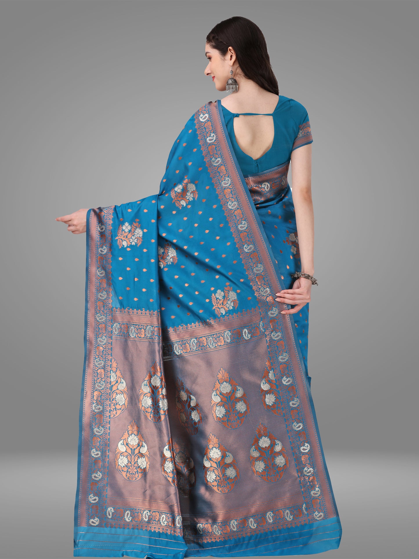 Dark Firozi Banarasi Jacquard Saree With Blouse Piece