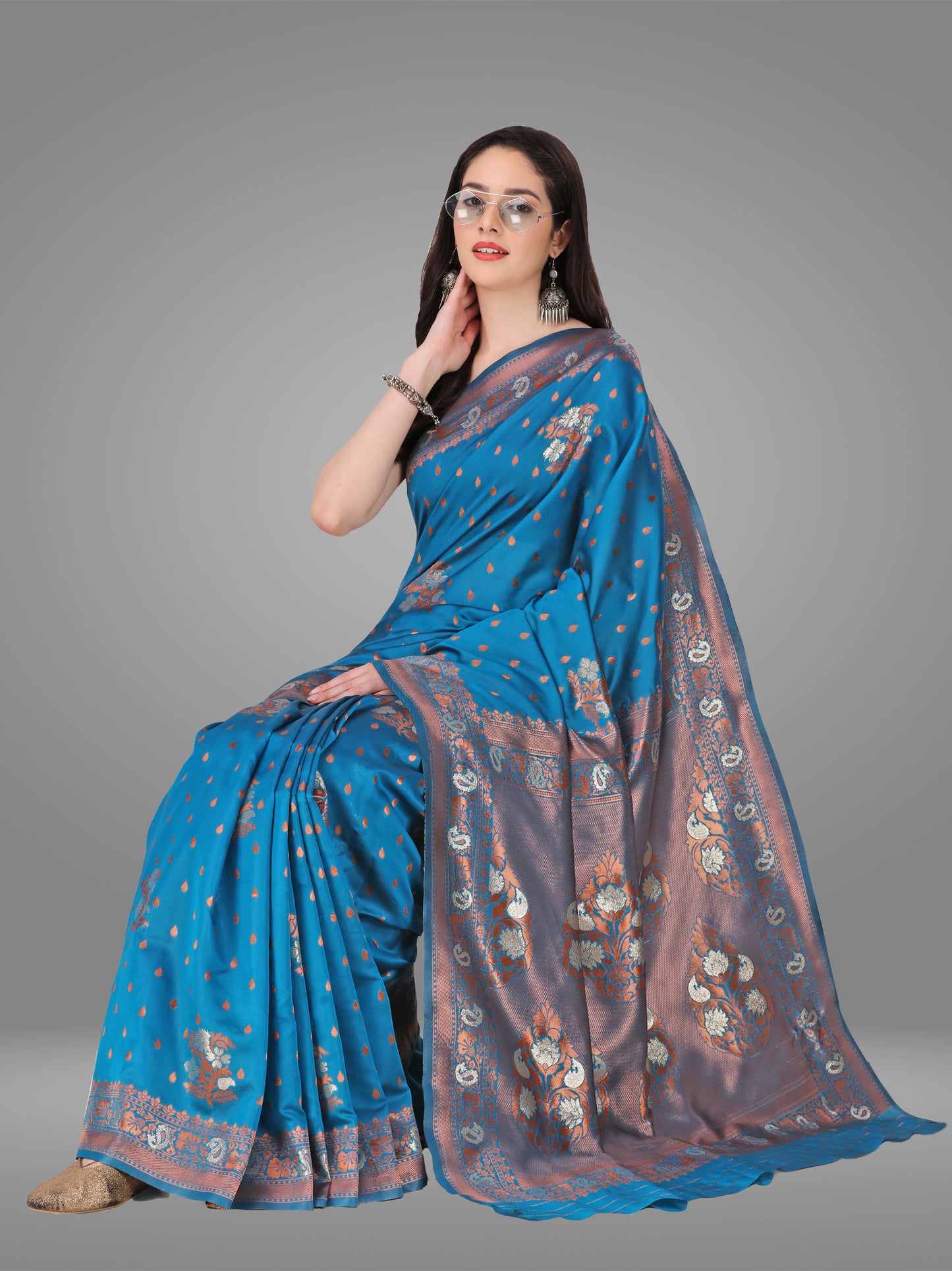 Dark Firozi Banarasi Jacquard Saree With Blouse Piece