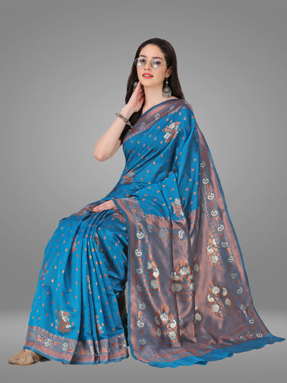 Dark Firozi Banarasi Jacquard Saree With Blouse Piece