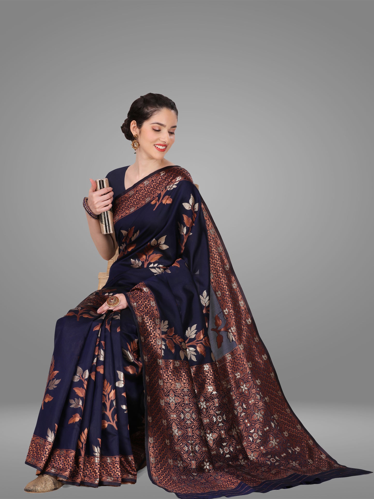 Navy Blue Banarasi Jacquard Saree With Blouse Piece