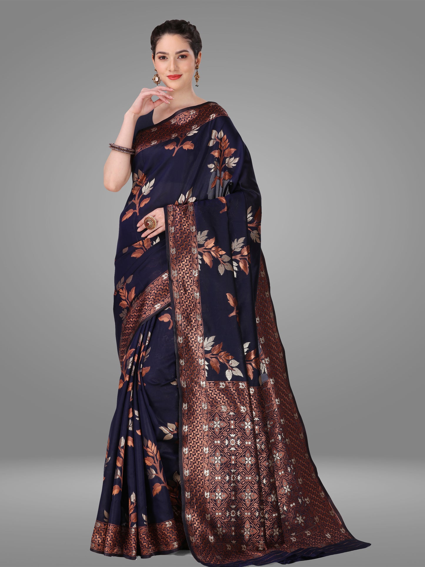 Navy Blue Banarasi Jacquard Saree With Blouse Piece