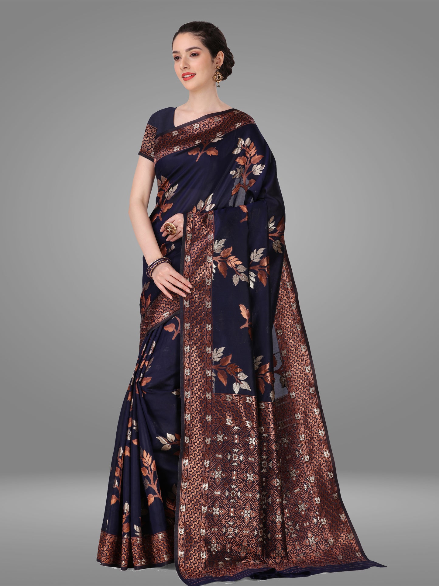 Navy Blue Banarasi Jacquard Saree With Blouse Piece