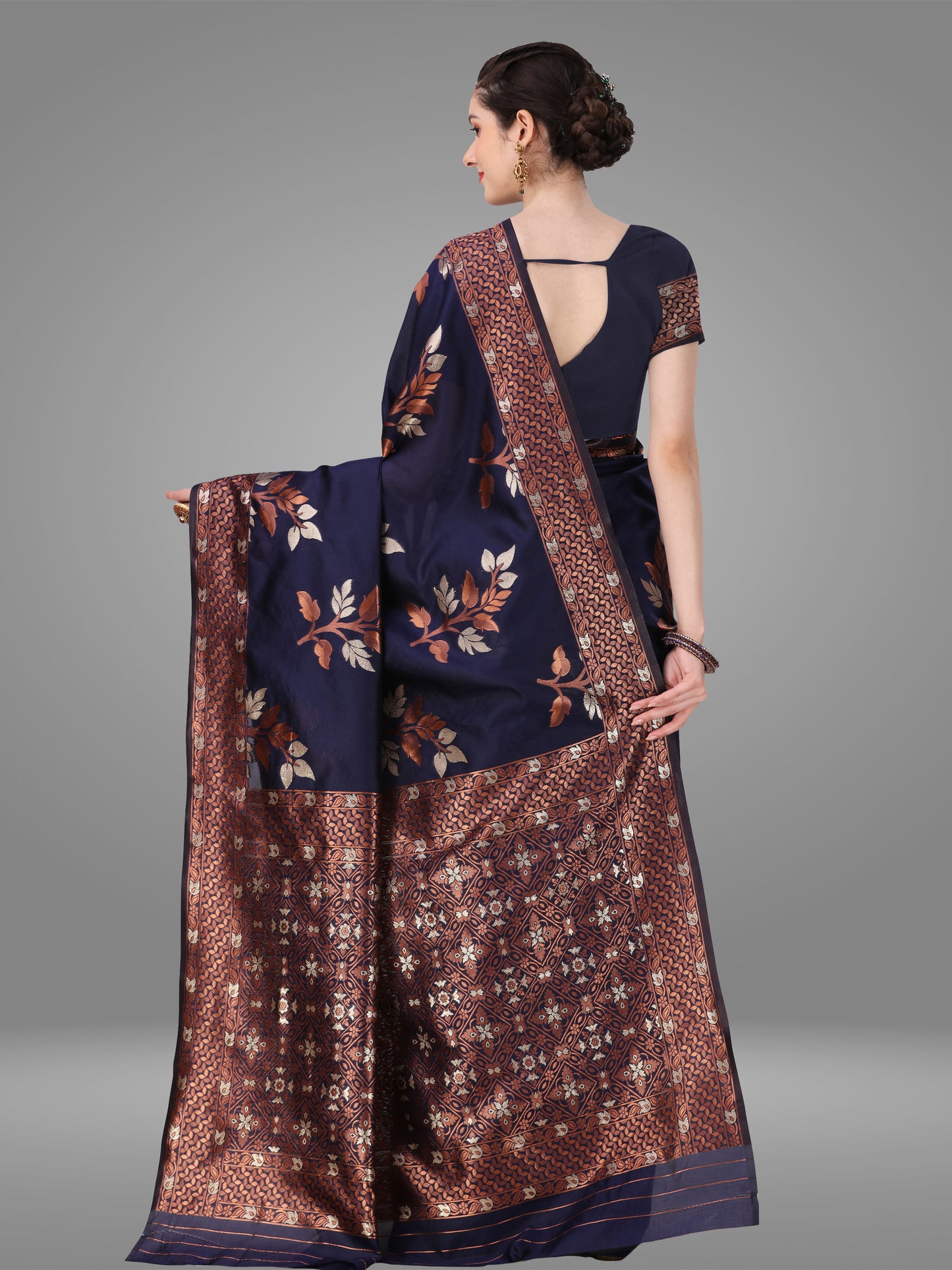 Navy Blue Banarasi Jacquard Saree With Blouse Piece