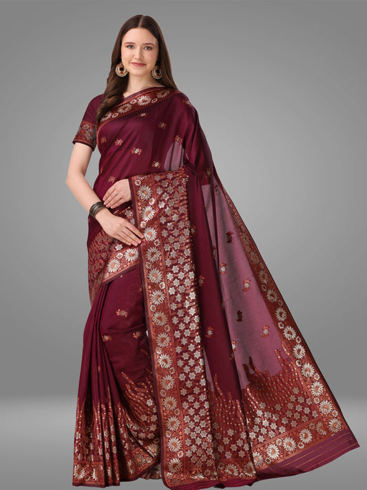 Wine Orgenza Banarasi Jacquard Saree with Blouse Piece