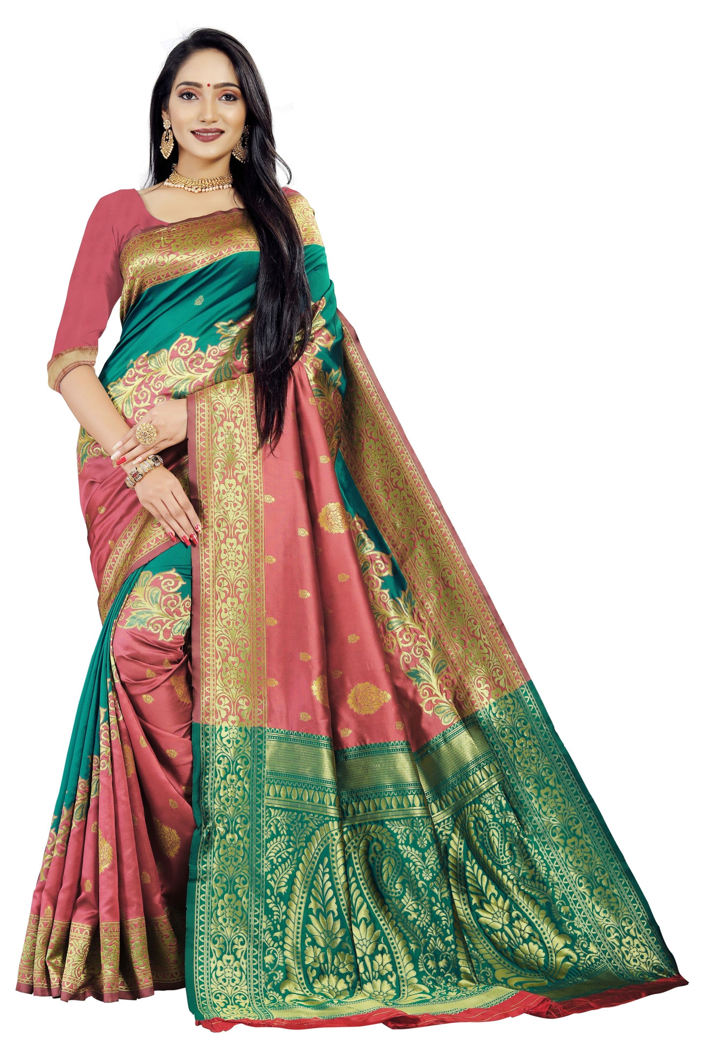 Grensi Crafts Women's Banarasi Jacquard Saree With Blouse Piece