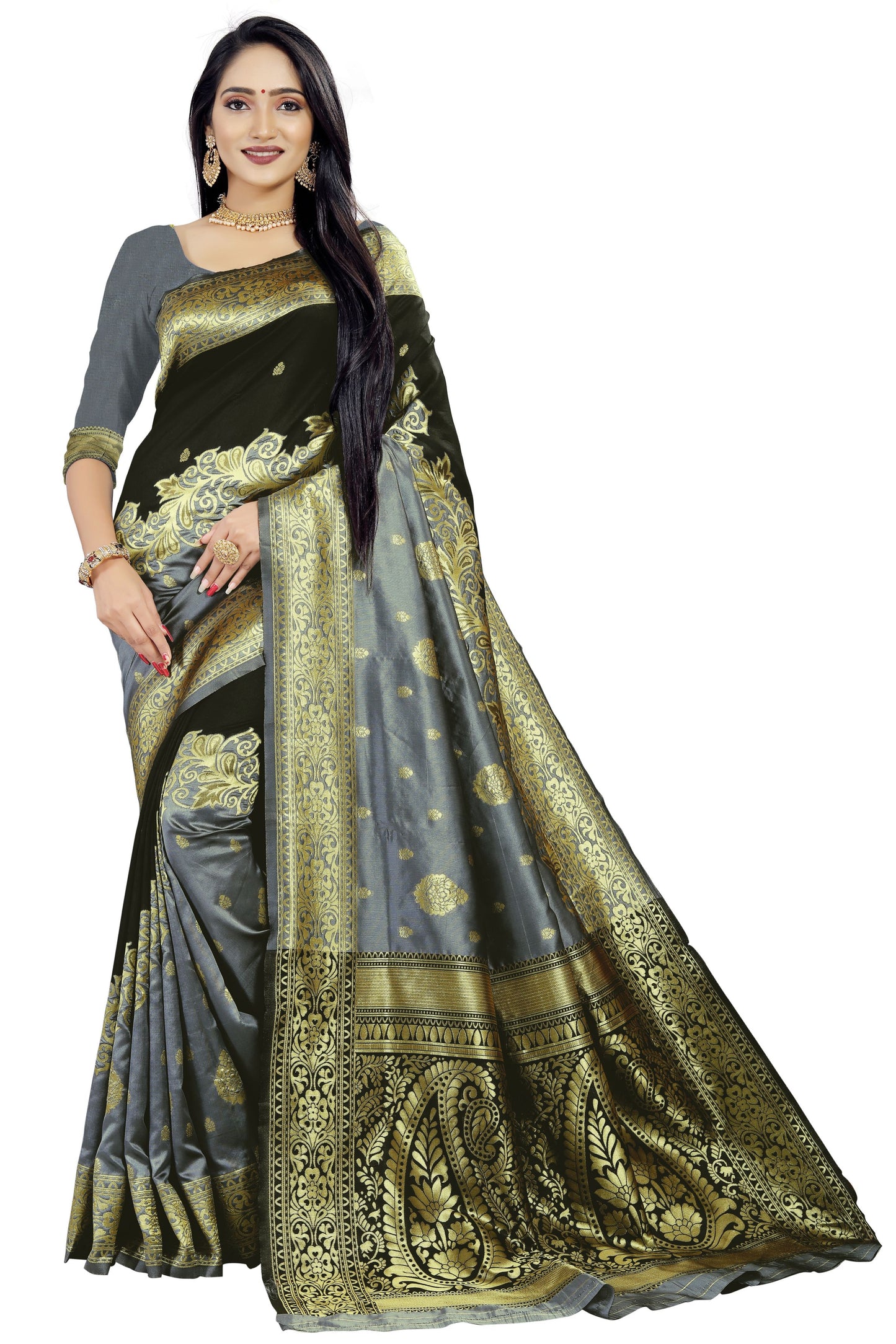 Grensi Crafts Women's Banarasi Jacquard Saree With Blouse Piece